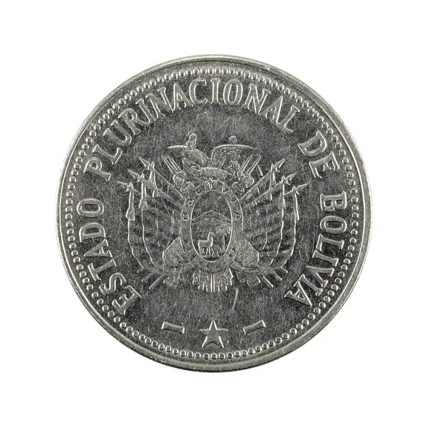Bolivian Boliviano Coin 2012 白の背景に隔離された逆 — ストック写真