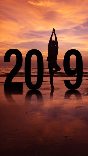 Yeni Yıl 2019 Yoga Kavramı Adam Poz Gün Batımında — Stok fotoğraf