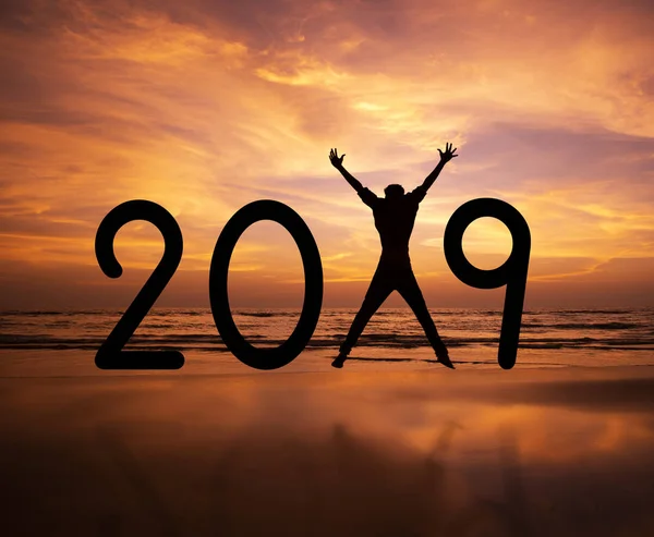 Kişi Siluet Yeni Yıl 2019 Atlama — Stok fotoğraf