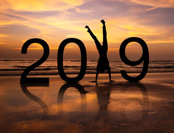 快乐的人剪影在新的一年2019年 — 图库照片