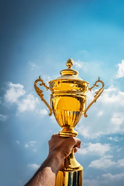 Holding Gold Trophy Cup Winner — Stock Photo, Image