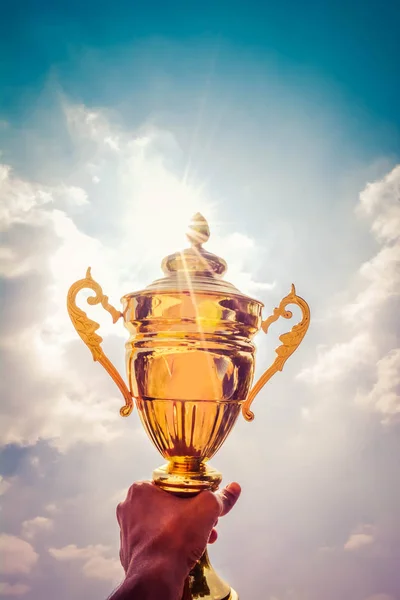 Holding Gold Trophy Cup Winner — Stock Photo, Image
