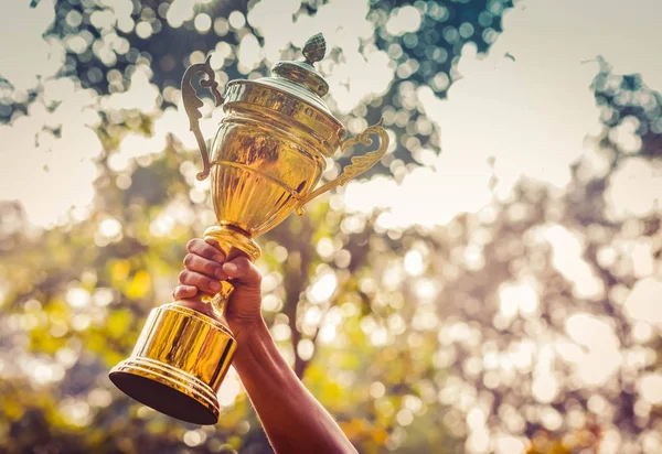 Winner Holding Golden Trophy Nature Background — Stock Photo, Image