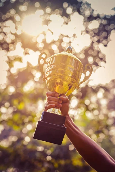 Winnaar Met Gouden Trofee Tegen Natuur Achtergrond — Stockfoto