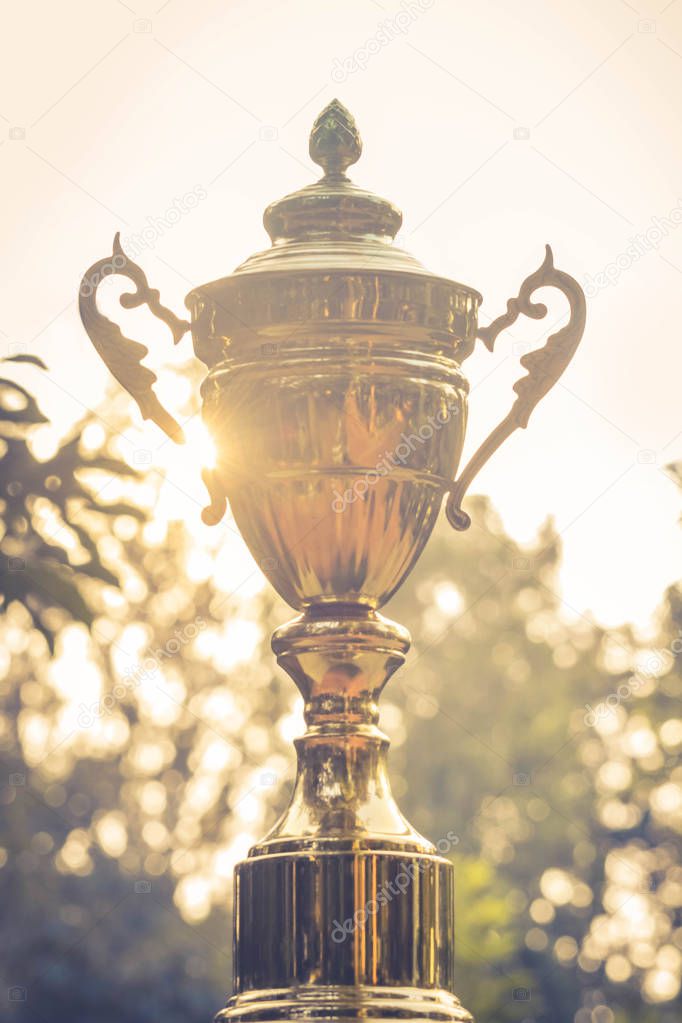 Gold trophy on green nature background