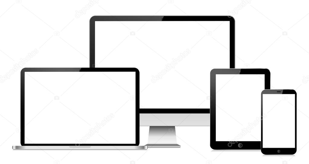 Modern digital devices with blank screen on white
