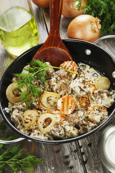 Chicken Liver Stewed Sour Cream Frying Pan — Stock Photo, Image