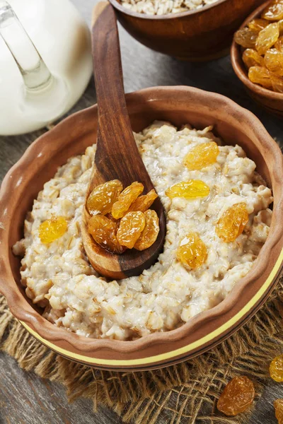 Harina Avena Con Leche Pasas Bol — Foto de Stock