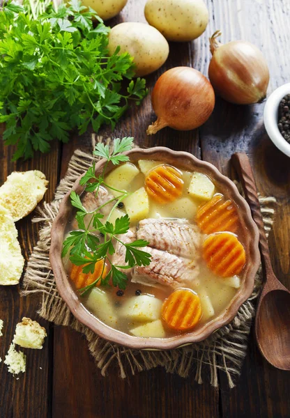 Sopa Salmón Con Verduras Mesa —  Fotos de Stock