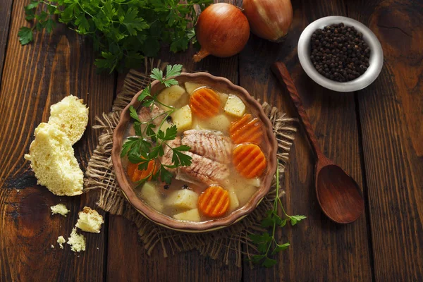 Sopa Salmón Con Verduras Mesa —  Fotos de Stock