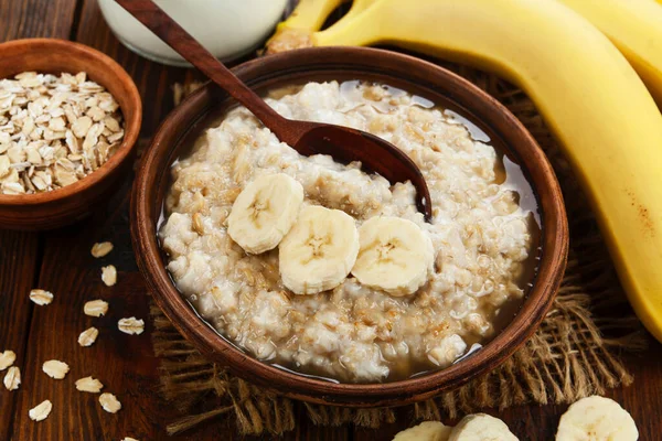 Gachas Con Plátanos Miel Desayuno Saludable —  Fotos de Stock