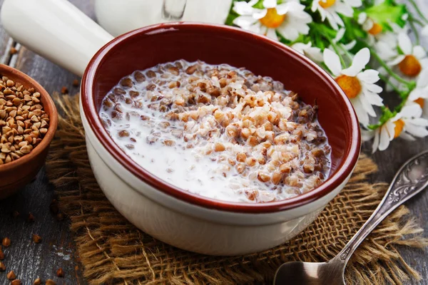 Buckwheat Porridge Milk Ceramic Plate — Stock Photo, Image