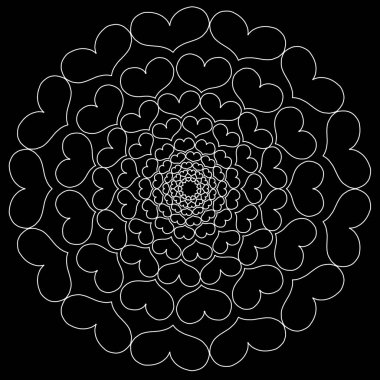 Beyaz mandala kalplerinde oluşur. Siyah arka plan. Sevgililer günü
