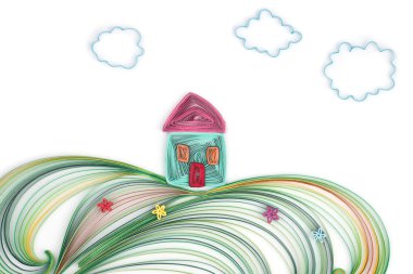 Quilling ev, çim ve bulutlar