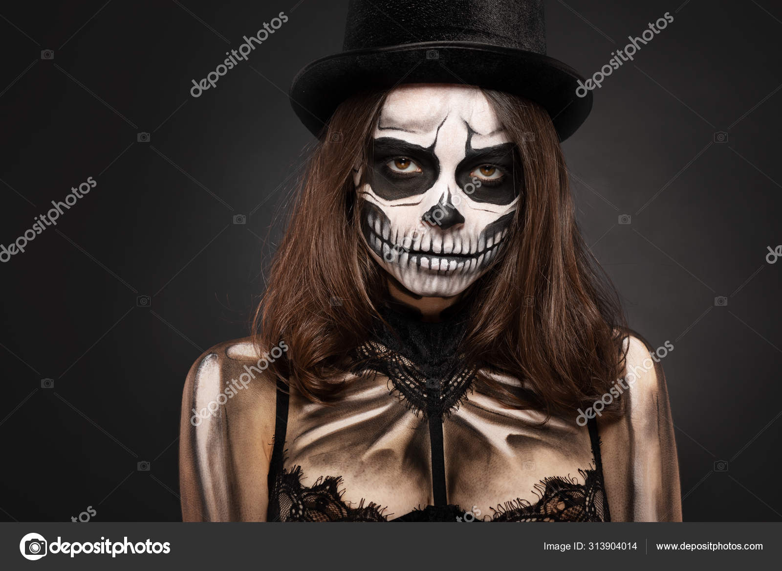 Skull Makeup Girl For Halloween Stock Photo By ©Namiros 313904014