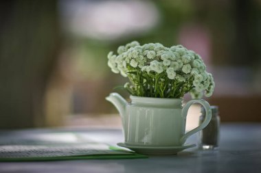 Masadaki beyaz çaydanlıkta kır çiçekleri