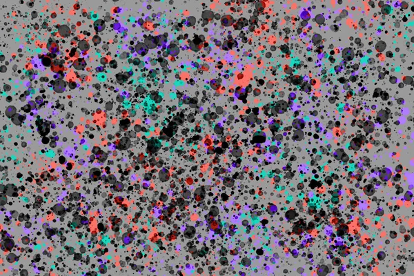 2019年生活珊瑚色 明亮的黑色 紫色和珊瑚随机圆形油漆溅在灰色的背景上 用于网页设计 数字打印 时尚或概念设计的抽象纹理 — 图库照片