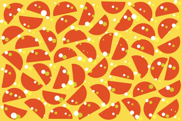 White khaki random dots and red semicircles on yellow background. Abstract geometric shapes pattern in retro style, textile decor.