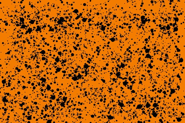 明るい黒とランダムな丸い塗料は オレンジ色の背景に飛び散ります 抽象的なカラフルなテクスチャ — ストック写真