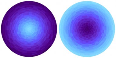 Beyaz arka plan üzerinde izole 2 parlak soyut mor ve siyan radyal gradyan daireler kümesi. Dairesel piksel blokları ile doku. Canlı yuvarlak mozaik deseni.