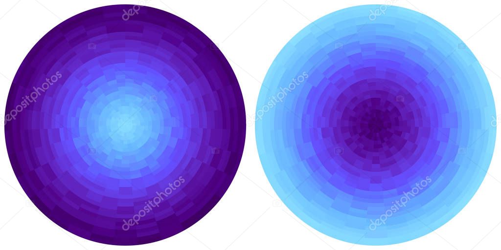 Set of 2 bright abstract purple and cyan radial gradient circles isolated on white background. Texture with circular pixel blocks. Vivid round mosaic pattern.