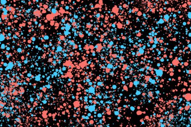 Siyah arka plan üzerinde Neon cyan ve mercan rasgele yuvarlak boya sıçramaları. Web tasarımı, web sitesi, sunumlar, dijital baskı, moda veya konsept tasarımı için soyut renkli doku.