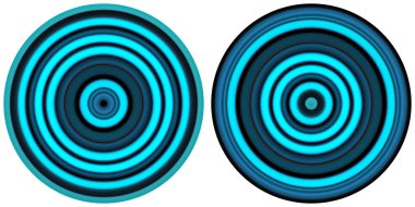 Beyaz arka plan üzerinde izole 2 parlak soyut renkli neon mavi daireler ayarlayın. Dairesel çizgiler, radyal çizgili doku. Yuvarlak desen.