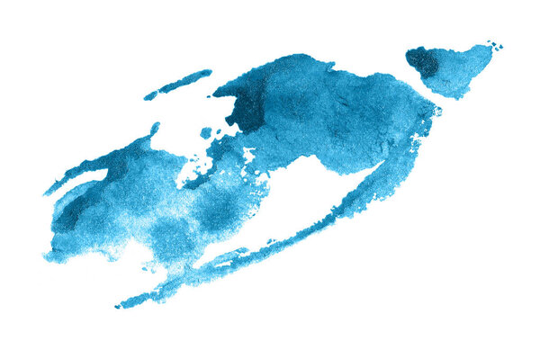 Абстрактный синий акварельный фон. Красочная текстура акварели. Удар кистью изолирован на белом. Яркий рисунок пятна чернил. Всплеск краски