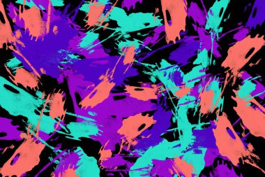 Neon yeşil, mor ve mercan rastgele yuvarlak boya siyah arka plan üzerinde sıçramaları. Soyut renkli doku. Modern sanat