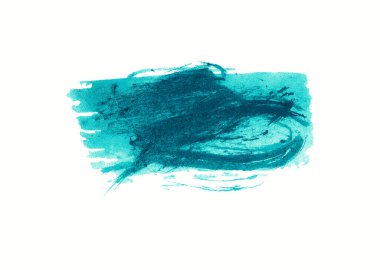 Mavi renkte fırça darbesi ve beyaz arkaplanda yalıtılmış cyan tonu. Sanatsal şekilli. Elle boyanmış suluboya resim