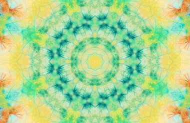 Parlak geometrik kaleydoskop dokusu sarı ve turkuaz renklerde. Psikedelik doğu dekoru