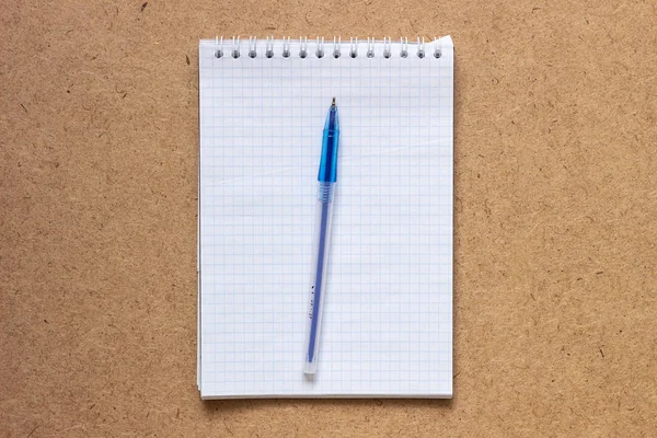 Σχολικό σημειωματάριο, κενό φύλλο, έτοιμο να γράψει, να λάβει σημειώσεις και να μελετήσει. Λευκά φύλλα σημειωματαρίου. Λευκές σελίδες σημειωματαρίου με στυλό. Λευκές σελίδες σημειωματαρίου — Φωτογραφία Αρχείου