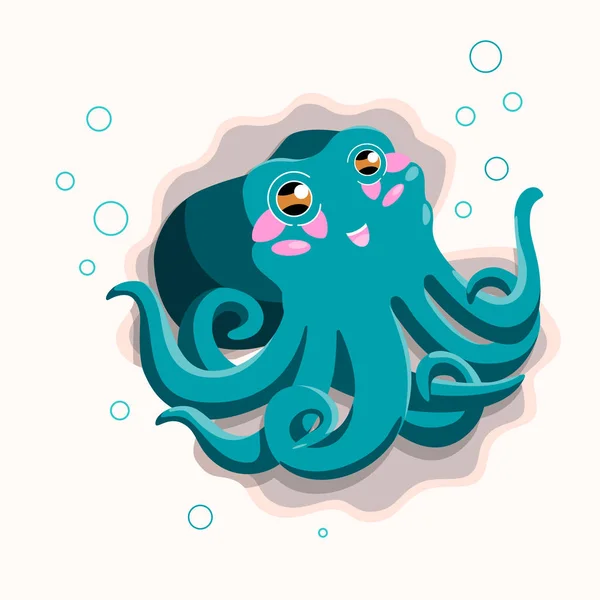 Cute blue octopus cartoon with bubbles and seashells — Stock Photo, Image