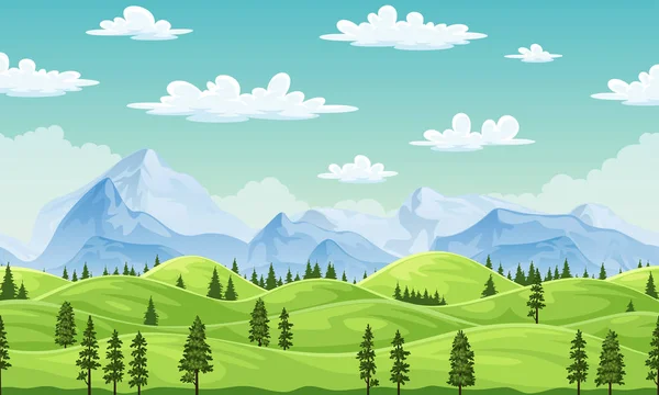 Pemandangan musim panas dengan pohon dan pegunungan - Stok Vektor