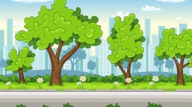 Çizgi film cityscape sokak ve ağaçları ile
