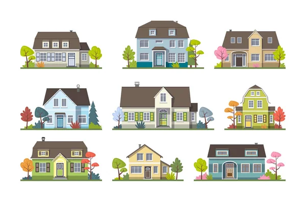 Set Of Classic Cottage House, Front View. — Stock Vector