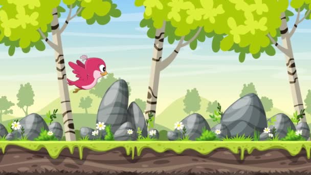 Lindo vuelo de dibujos animados pájaro — Vídeo de stock