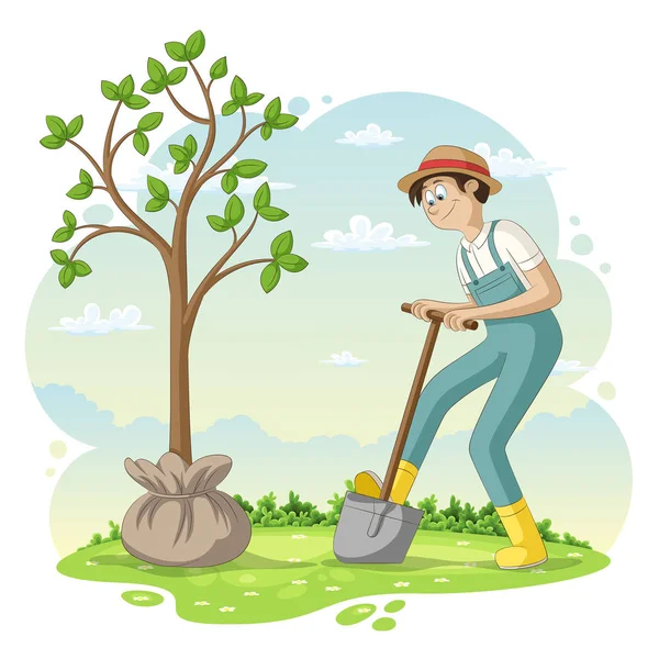 Mann pflanzt einen Baum — Stockvektor