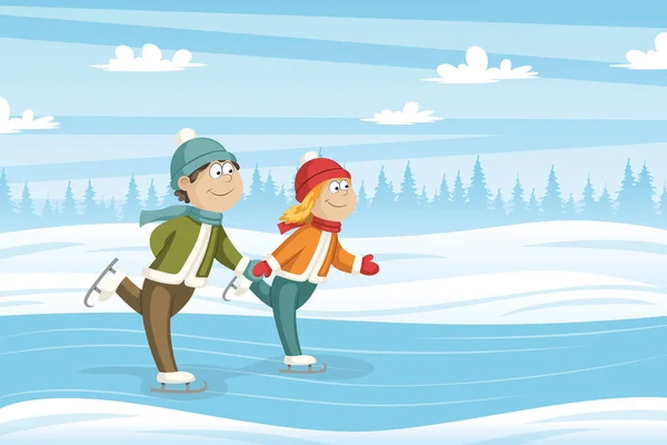 Deux enfants patinent sur la glace — Image vectorielle