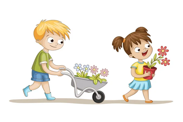 Zwei Kinder mit Blumen — Stockvektor