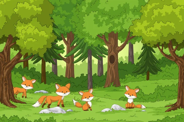 Симпатичные лисы в лесу — стоковый вектор