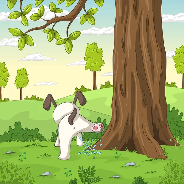 Perro joven está meando en un árbol — Vector de stock