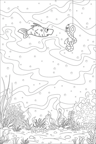 Libro da colorare Pesce e Verme — Vettoriale Stock