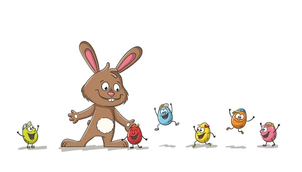 Conejo de dibujos animados con huevos de Pascua — Vector de stock