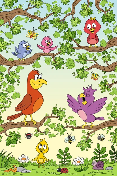 Смішні птахи в дереві — стоковий вектор