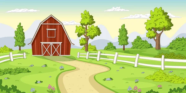 Roter Bauernhof mit Zaun — Stockvektor