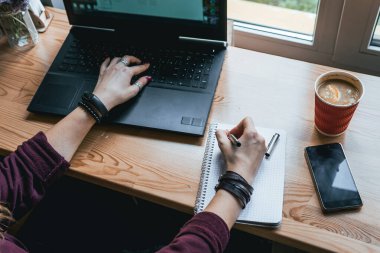 Yaratıcı çalışma süreci, kadın, bir fincan sıcak çay ve bir dilim portakal. İş yeri, kalem ve dizüstü bilgisayarlı defter, çalışma. Kahve dükkanı, telefon, akıllı telefon masanın üstünde, eller klavyenin üstünde, çalışma.