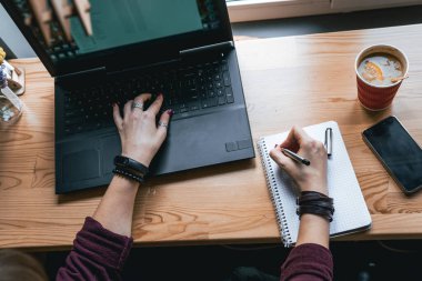 Yaratıcı çalışma süreci, kadın, bir fincan sıcak çay ve bir dilim portakal. İş yeri, kalem ve dizüstü bilgisayarlı defter, çalışma. Kahve dükkanı, telefon, akıllı telefon masanın üstünde, eller klavyenin üstünde, çalışma.