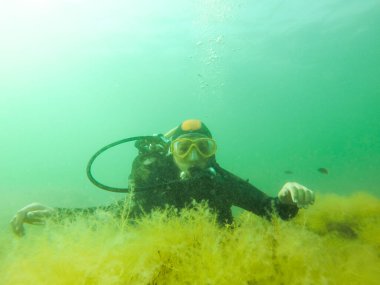 çocuk dalgıçlık yapıyor denizde