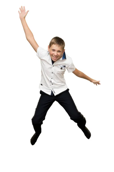 Niño Feliz Con Una Hermosa Sonrisa Salta Alto — Foto de Stock